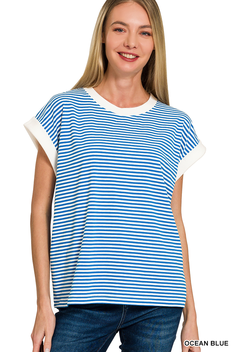 All Day Striped Contrast Trim Tee - Royal - Delta Swanky Girl