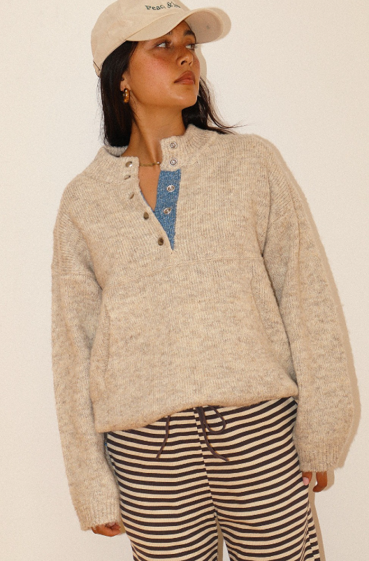 Coastal Two Tone Snap Collar Sweater - Oatmeal - Delta Swanky Girl
