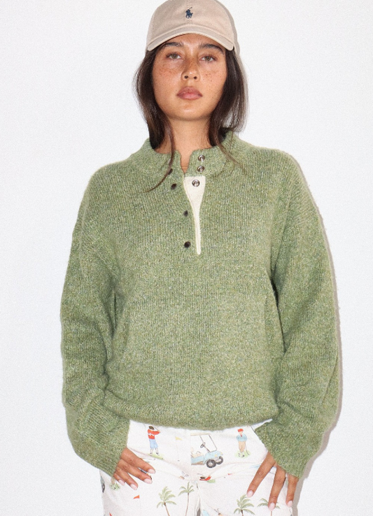 Coastal Two Tone Snap Collar Sweater - Olive - Delta Swanky Girl
