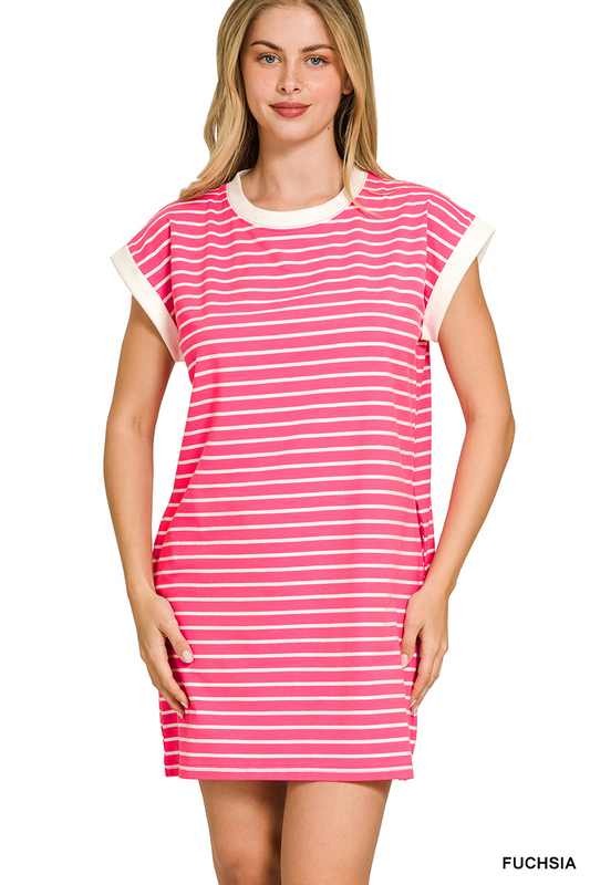 Sloane Striped T-Shirt Dress - Fuchsia - Delta Swanky Girl