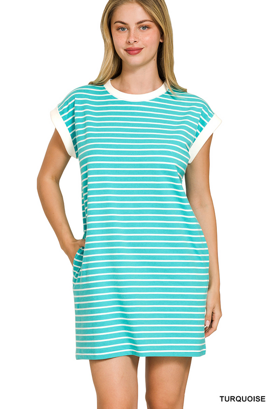 Sloane Striped T-Shirt Dress - Turquoise - Delta Swanky Girl