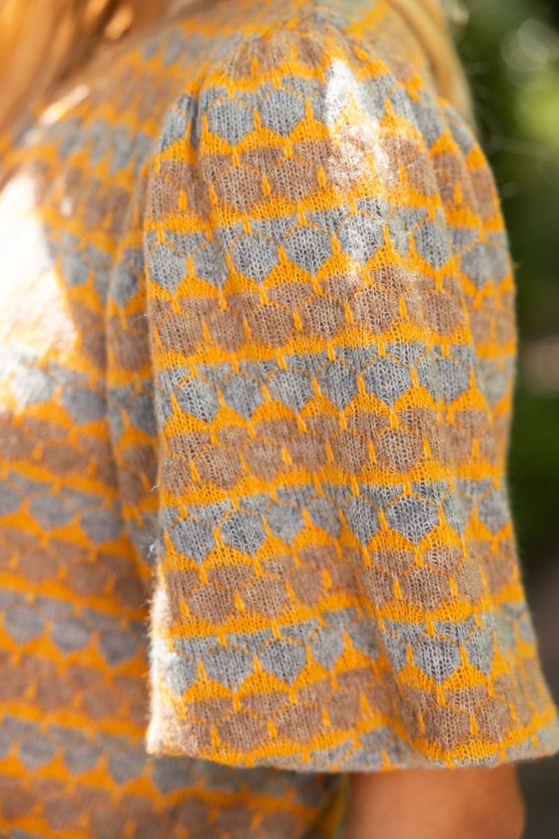 The Golden Hour Top | Geometric Knit Top with Bubble Puff Sleeves