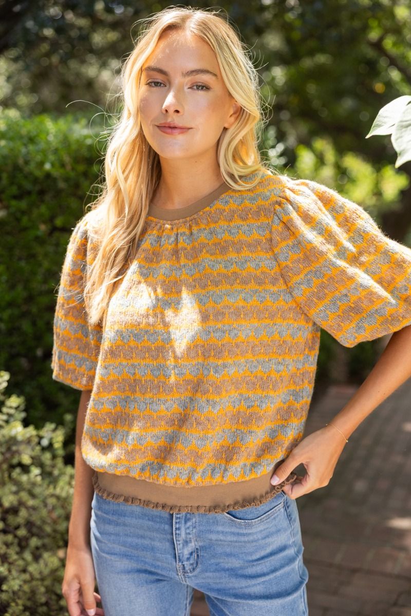 The Golden Hour Top | Geometric Knit Top with Bubble Puff Sleeves