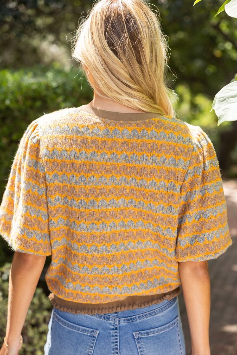 The Golden Hour Top | Geometric Knit Top with Bubble Puff Sleeves