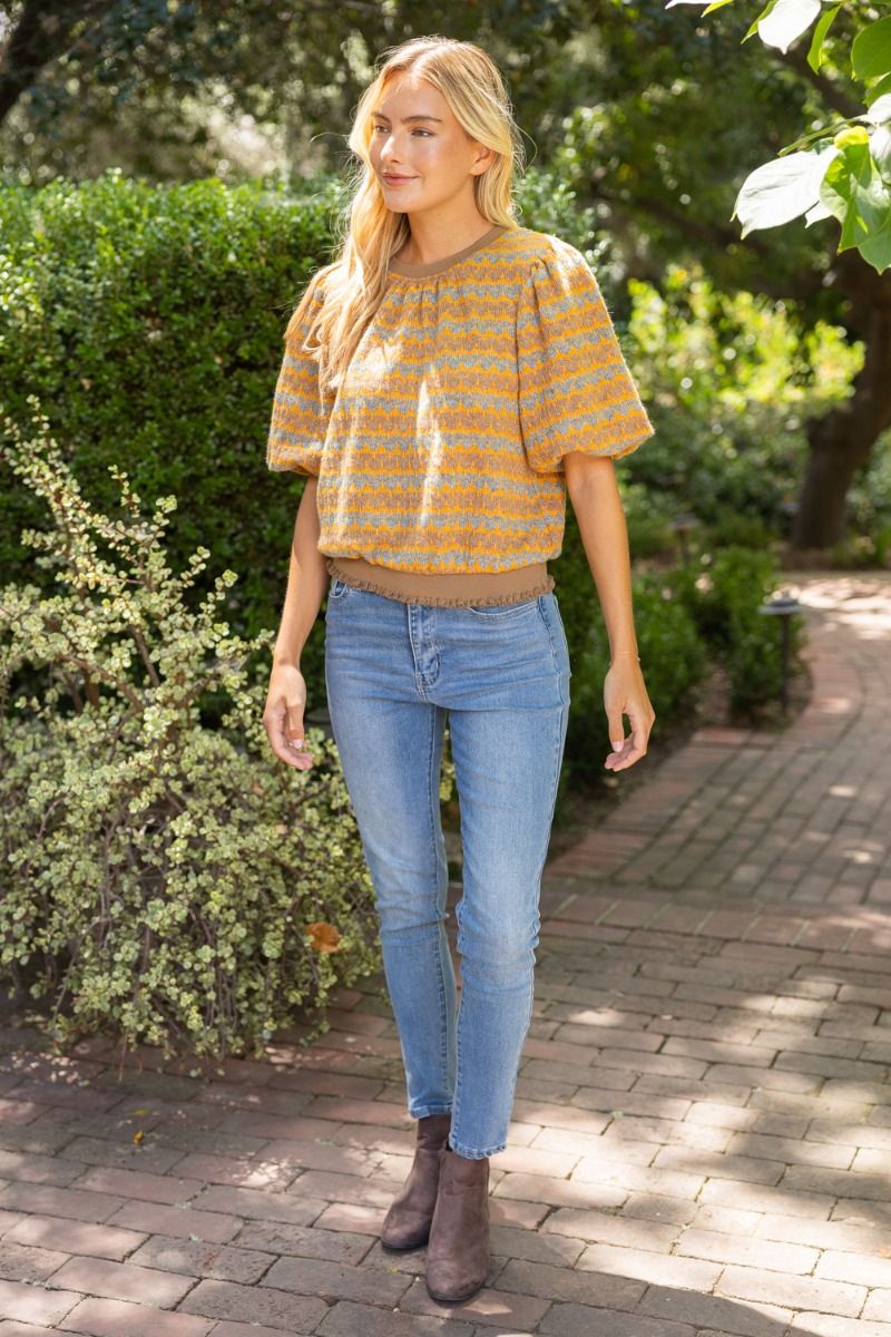 The Golden Hour Top | Geometric Knit Top with Bubble Puff Sleeves