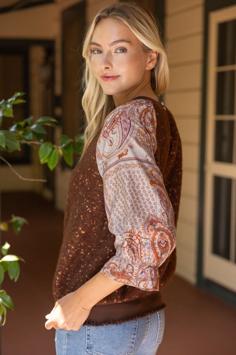 The Chestnut Mosaic Top | Textured Top with Paisley Ruffle Sleeves