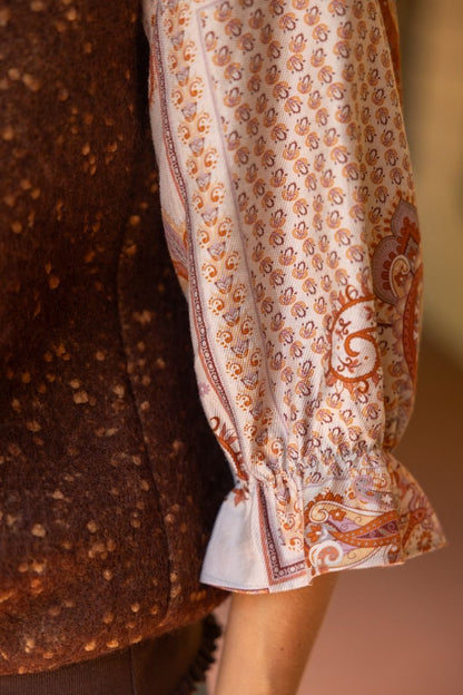 The Chestnut Mosaic Top | Textured Top with Paisley Ruffle Sleeves