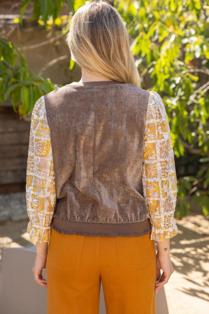 The Golden Harvest Top | Brown Floral Sleeve Ruffle Trim Blouse