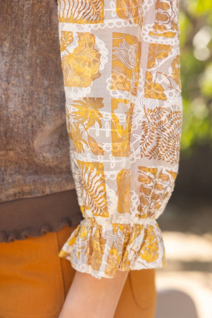 The Golden Harvest Top | Brown Floral Sleeve Ruffle Trim Blouse