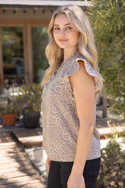 Wild Edge Ruffle Detail Leather Animal Print Top