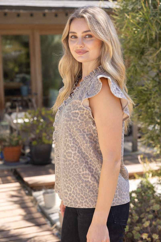 Wild Edge Ruffle Detail Leather Animal Print Top