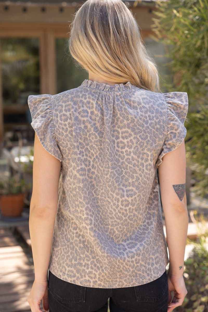 Wild Edge Ruffle Detail Leather Animal Print Top