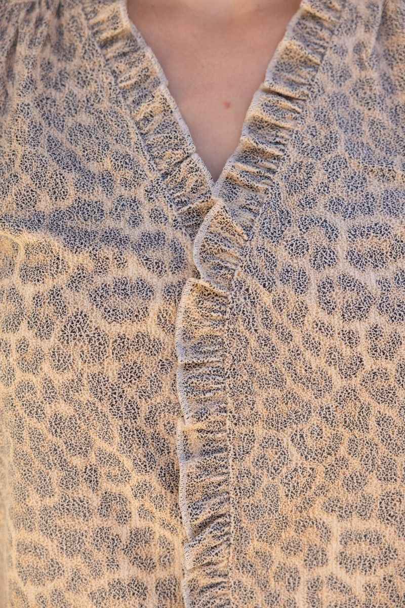 Wild Edge Ruffle Detail Leather Animal Print Top