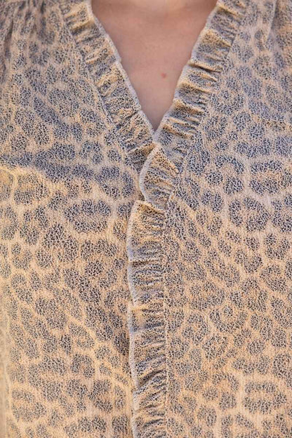 Wild Edge Ruffle Detail Leather Animal Print Top