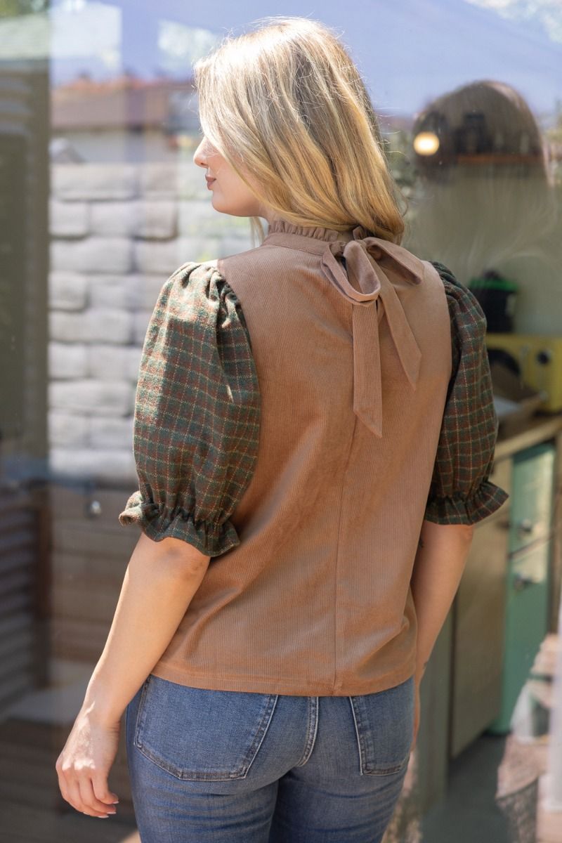 The Autumn Plaid Charm Top | Ruffle Neck Plaid Puff Sleeve Blouse
