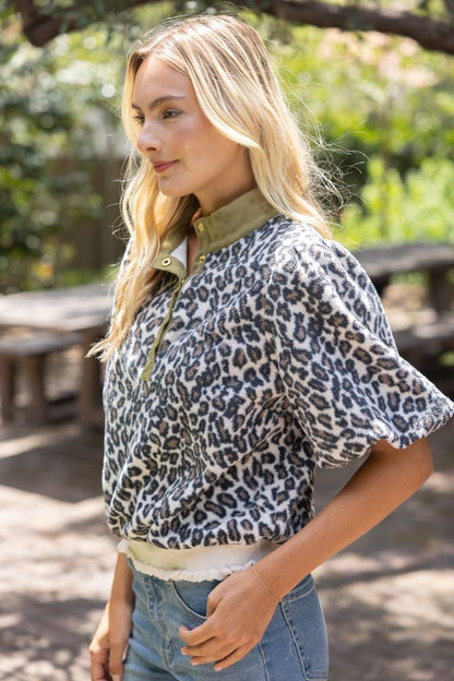 The Wild About Olive Top | Leopard Print Puff Sleeve Pullover
