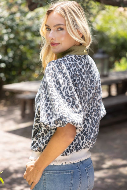 The Wild About Olive Top | Leopard Print Puff Sleeve Pullover