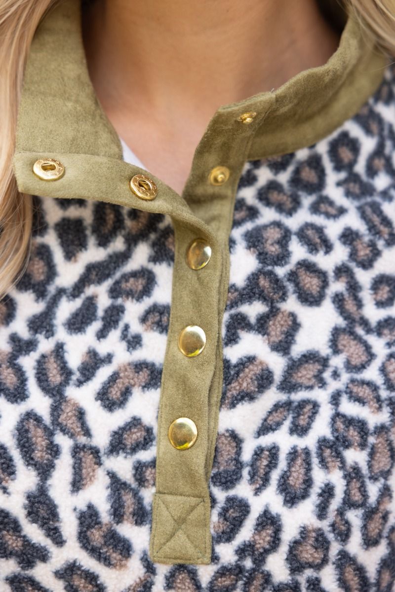 The Wild About Olive Top | Leopard Print Puff Sleeve Pullover