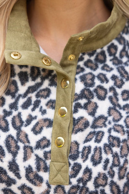 The Wild About Olive Top | Leopard Print Puff Sleeve Pullover