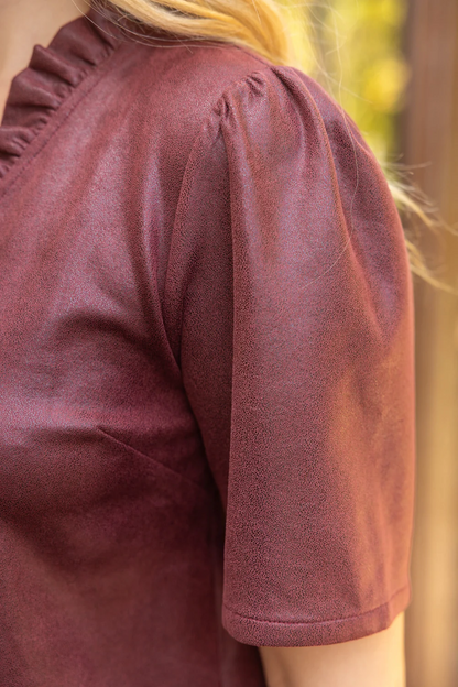 The Burgundy Belle Dress | Ruffle Neck Puff Sleeve Shift Dress