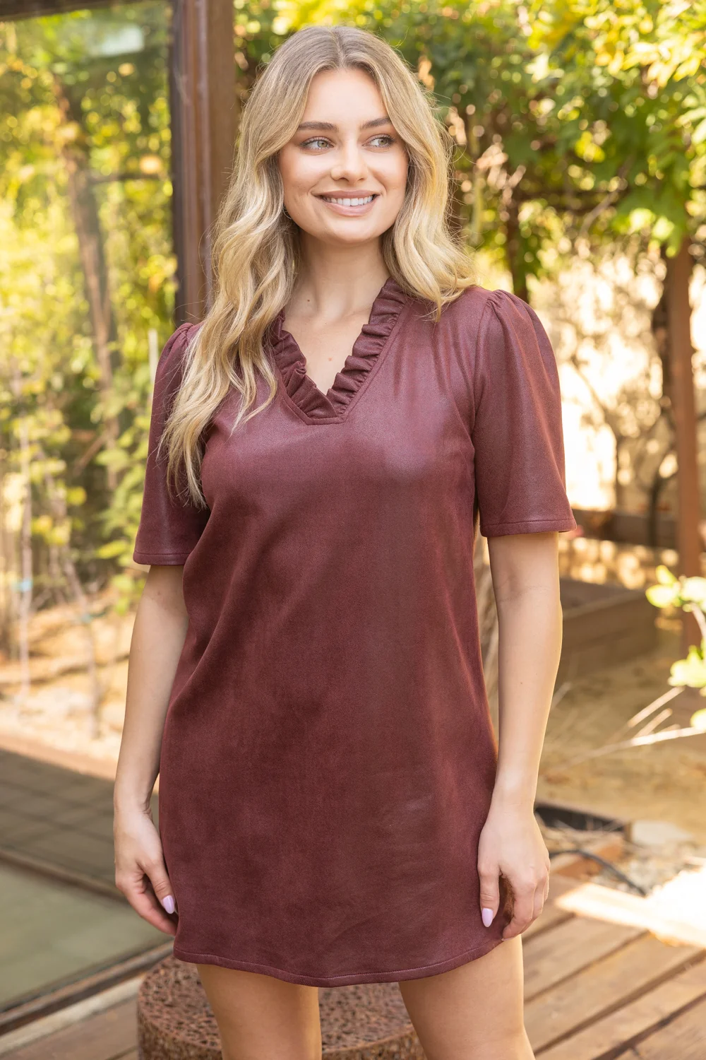 Downtown Broadway Faux Leather Mini Dress - Burgundy