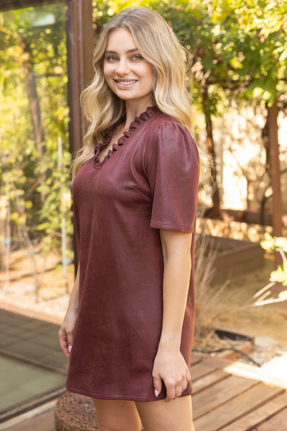 Downtown Broadway Faux Leather Mini Dress - Burgundy