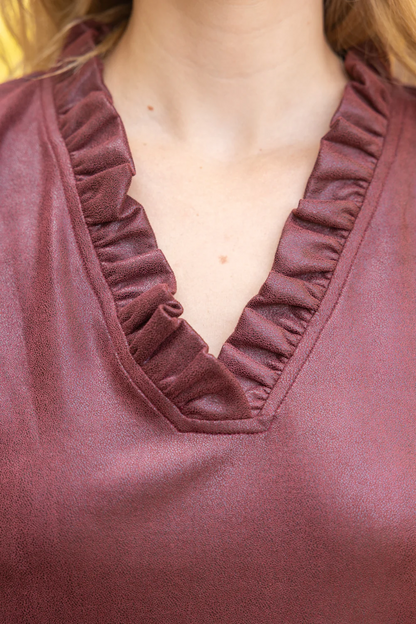The Burgundy Belle Dress | Ruffle Neck Puff Sleeve Shift Dress