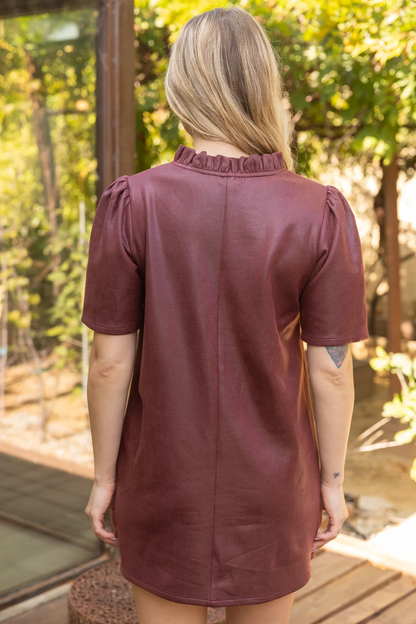 The Burgundy Belle Dress | Ruffle Neck Puff Sleeve Shift Dress