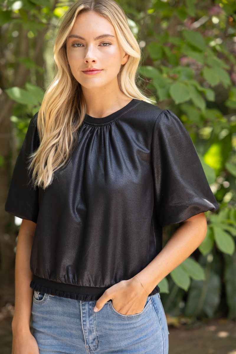 Evie Faux Leather Puff Sleeve Top - Black
