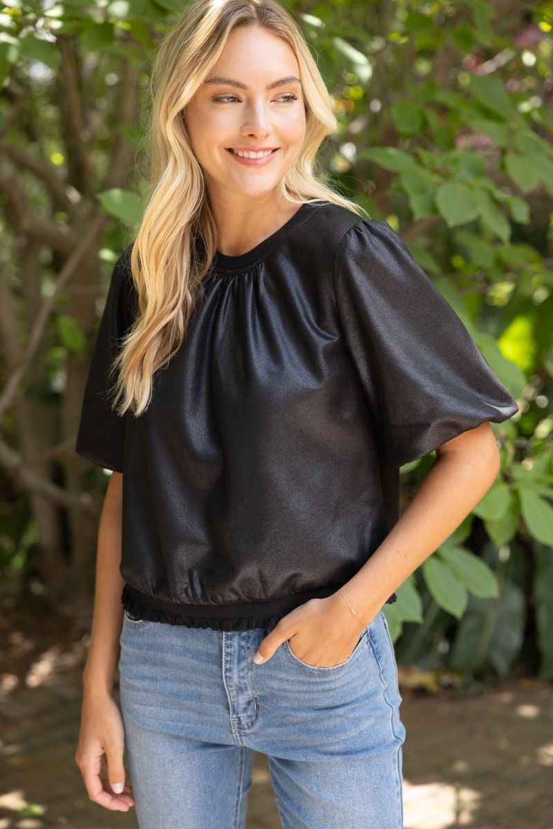 Evie Faux Leather Puff Sleeve Top - Black