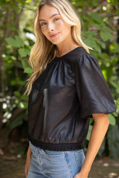 Evie Faux Leather Puff Sleeve Top - Black