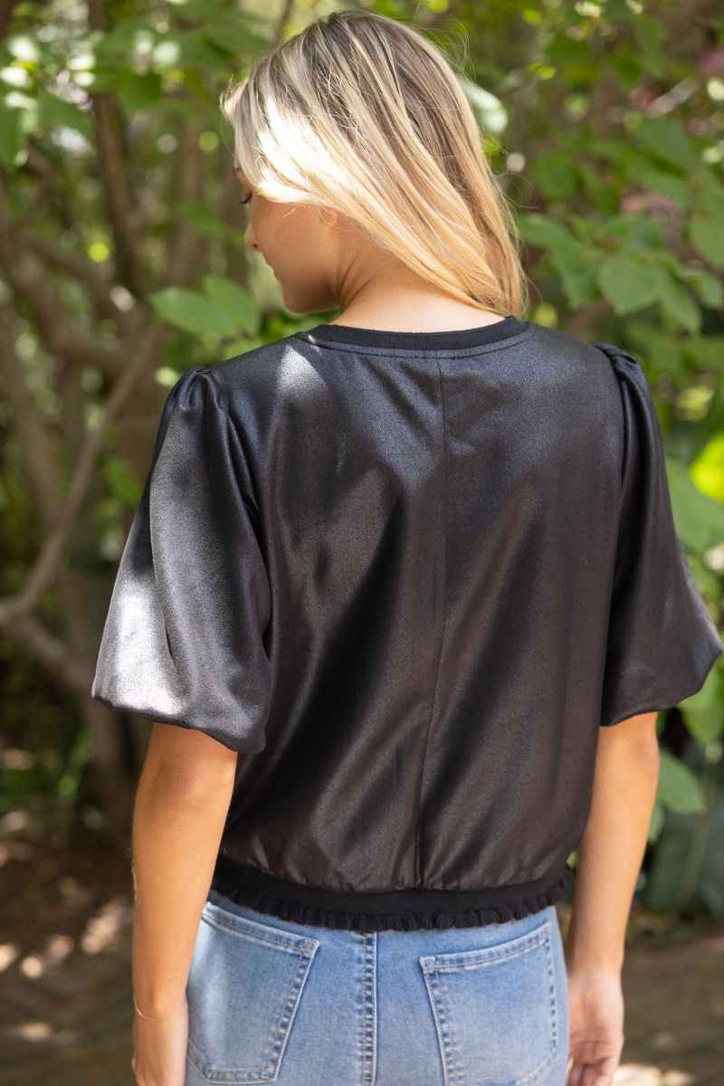 Evie Faux Leather Puff Sleeve Top - Black