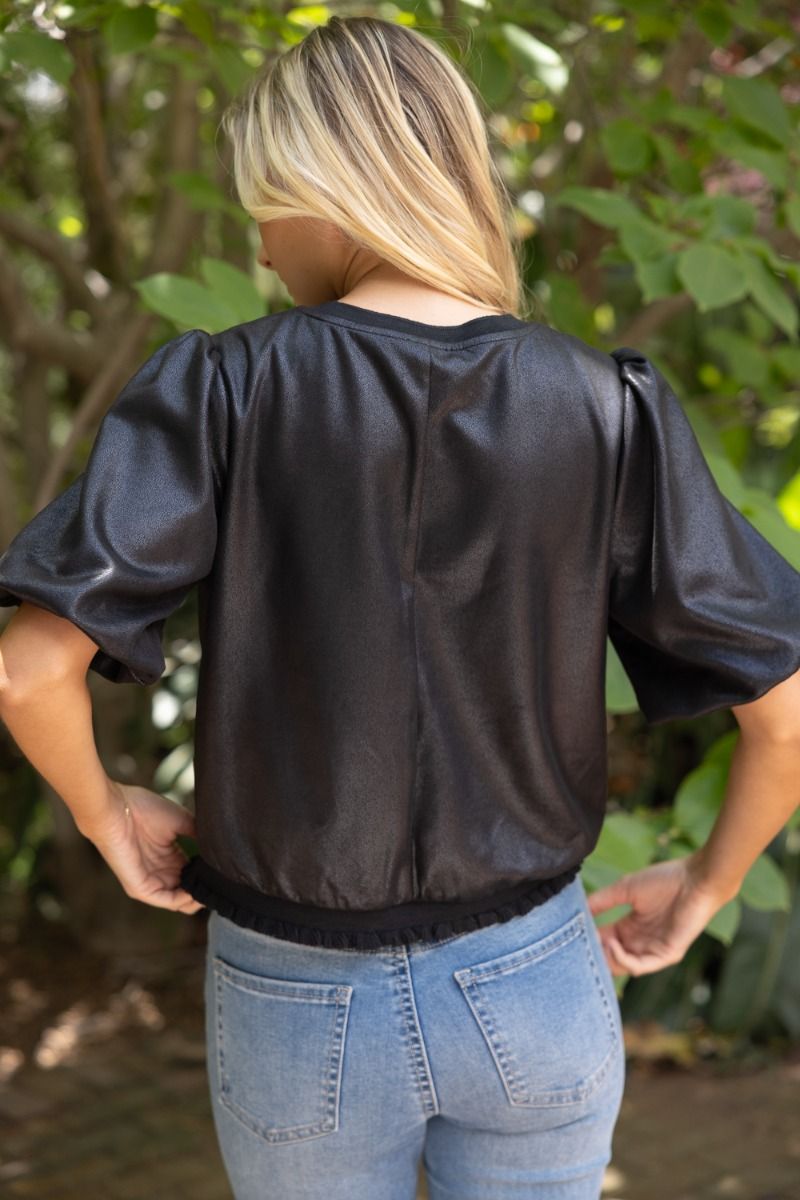 The Black Social Top | Faux Leather Bubble Sleeve Top
