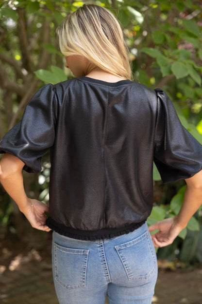 The Black Social Top | Faux Leather Bubble Sleeve Top