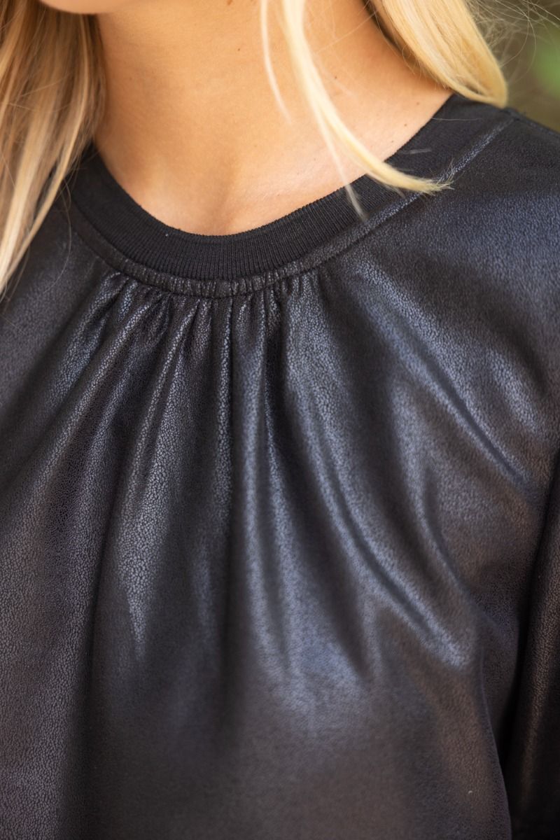 The Black Social Top | Faux Leather Bubble Sleeve Top