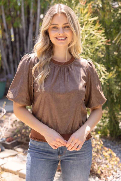 Evie Faux Leather Puff Sleeve Top - Brown