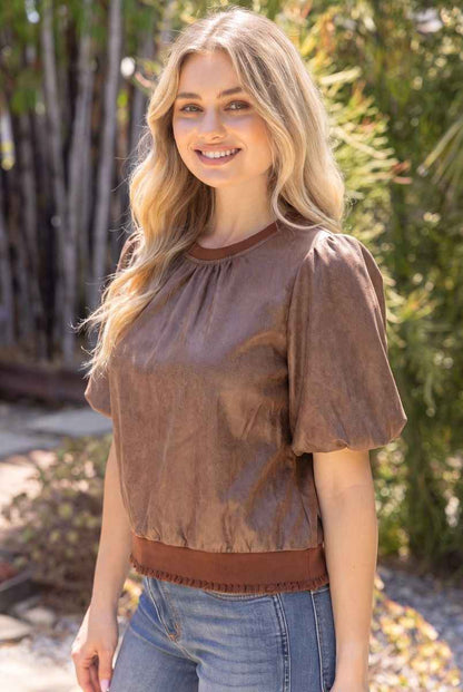 Evie Faux Leather Puff Sleeve Top - Brown
