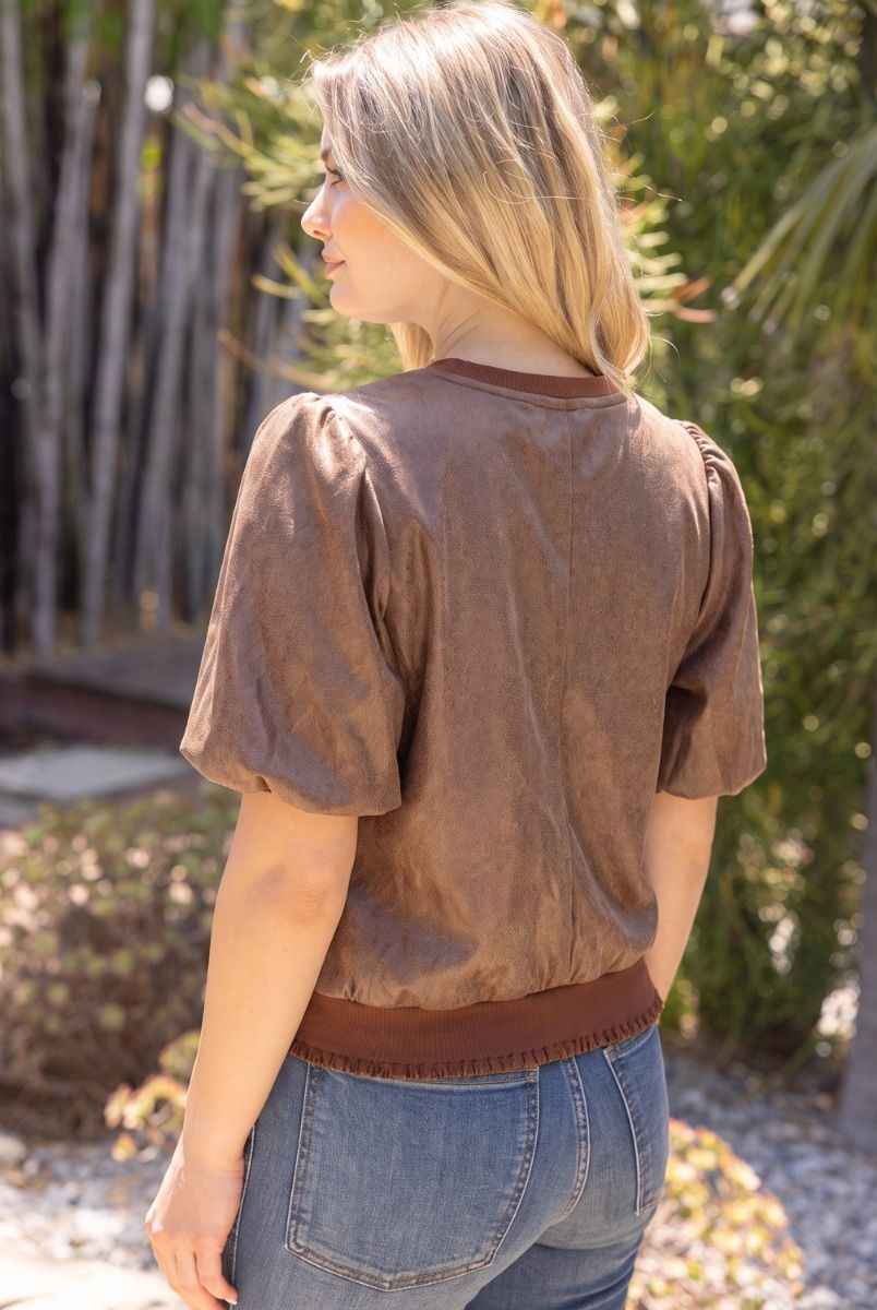 Evie Faux Leather Puff Sleeve Top - Brown