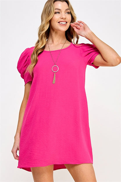 Follow Your Bliss Puff Sleeve Dress (Pink)