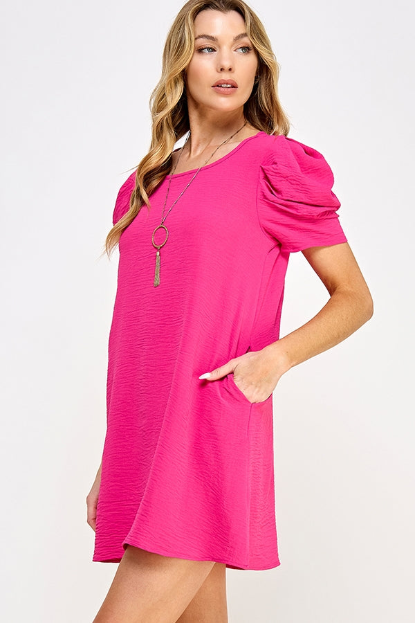 Follow Your Bliss Puff Sleeve Dress (Pink)