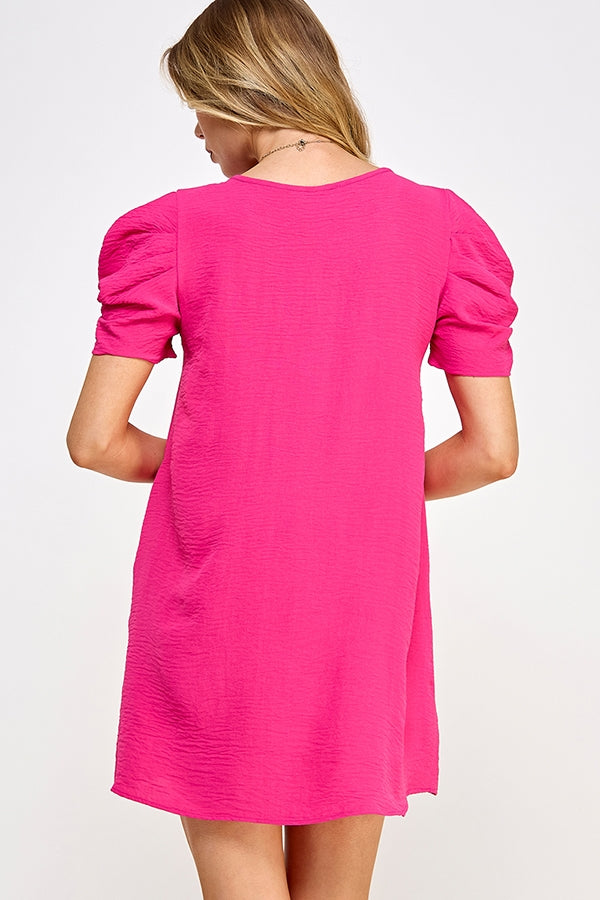 Follow Your Bliss Puff Sleeve Dress (Pink)