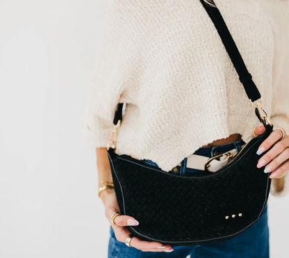 The Paige Crossbody | Woven Faux Suede Crescent Bag