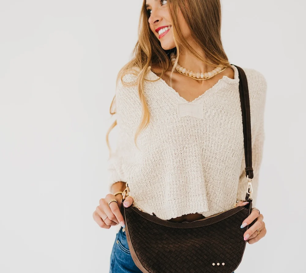 The Paige Crossbody | Woven Faux Suede Crescent Bag