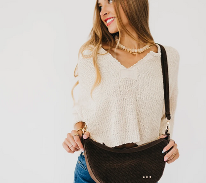 The Paige Crossbody | Woven Faux Suede Crescent Bag