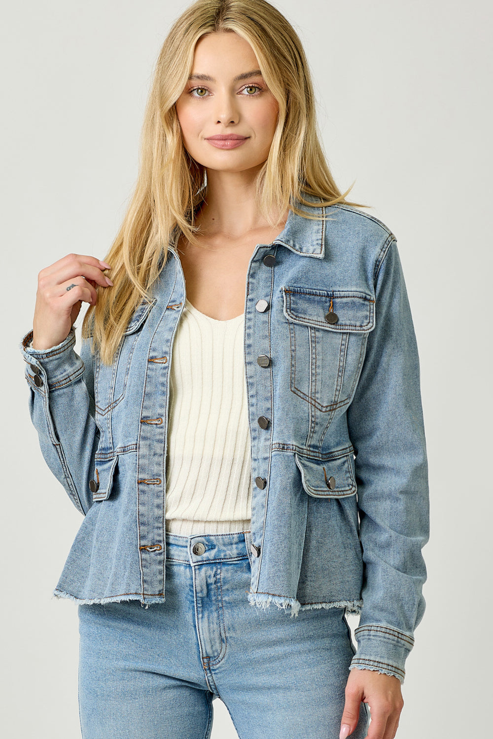 Washed Denim Peplum Jacket - Denim