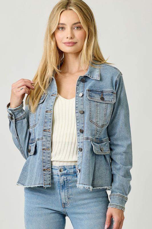 Washed Denim Peplum Jacket - Denim