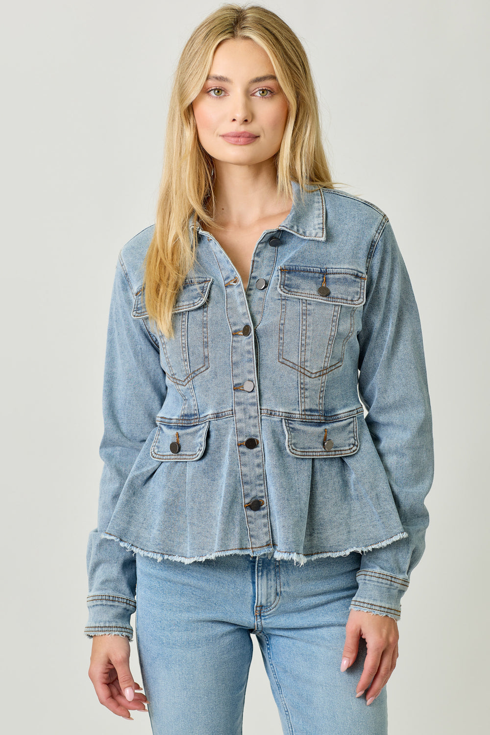 Washed Denim Peplum Jacket - Denim