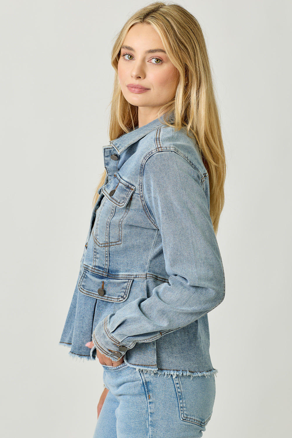 Washed Denim Peplum Jacket - Denim