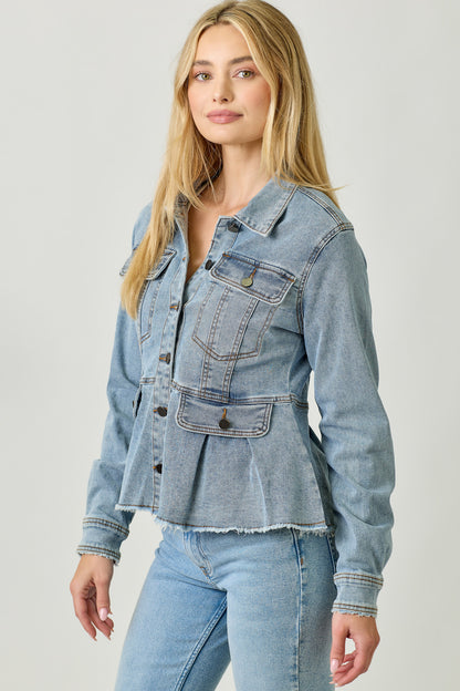 Washed Denim Peplum Jacket - Denim