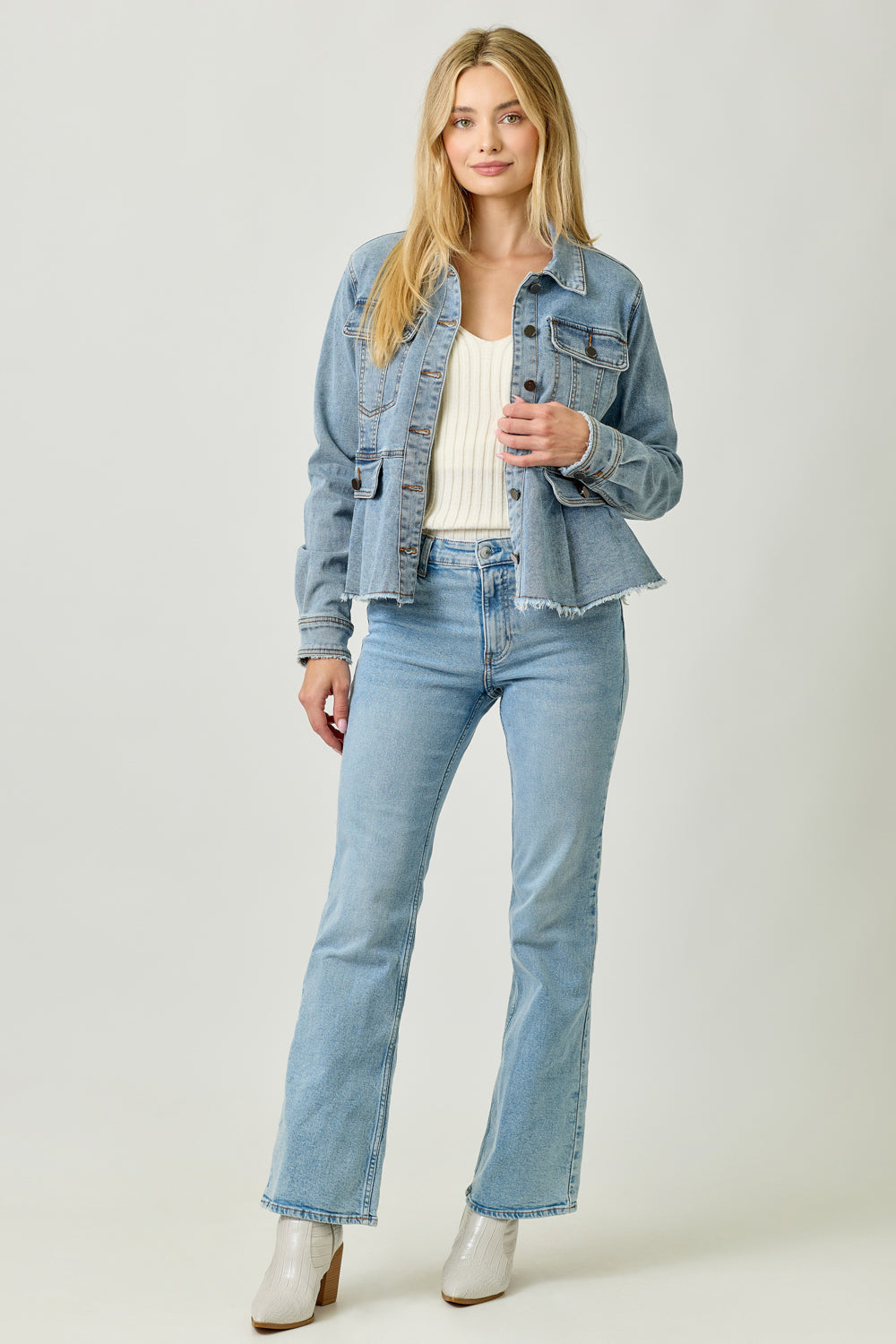 Washed Denim Peplum Jacket - Denim